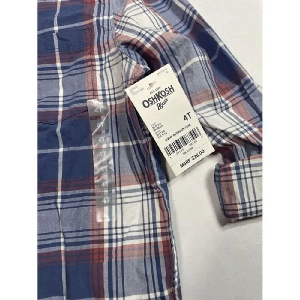 OshKosh B'Gosh Boys Button-Up Shirt Long‎ Sleeve Red/Grey Plaid Size 4T NWT